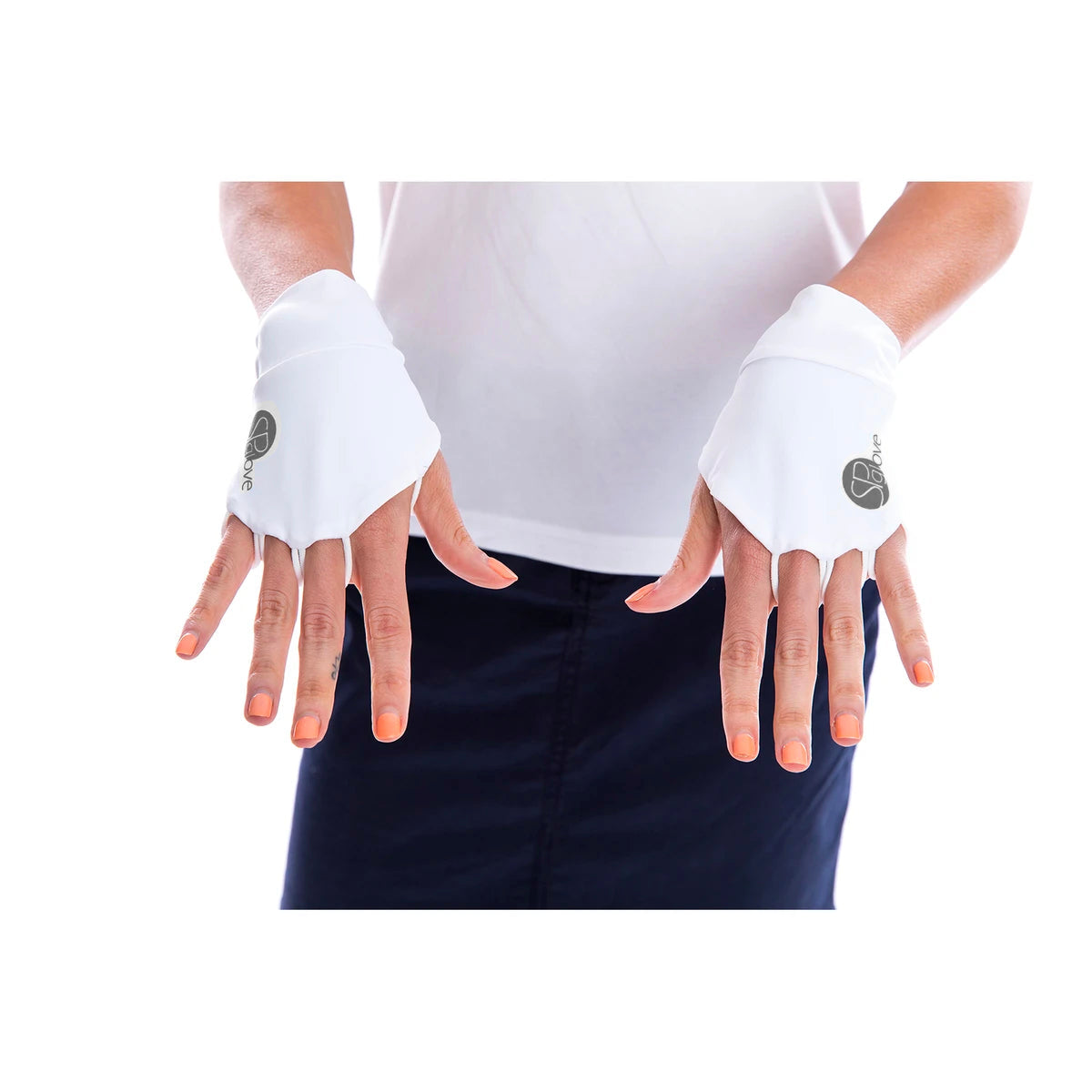Image of a model wearing SParms sun protective gloves.