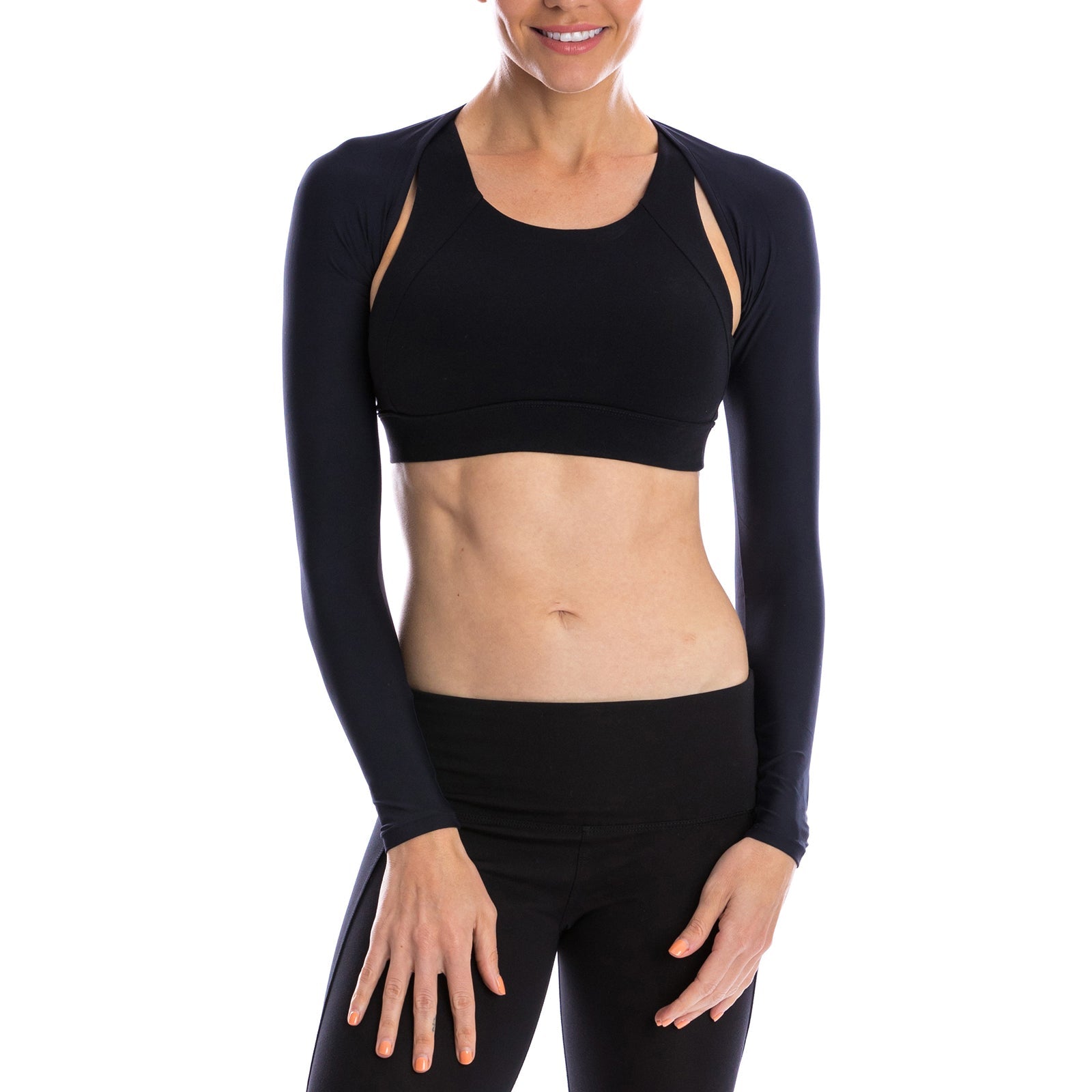 Image of a model wearing the sun protective shoulder wrap.